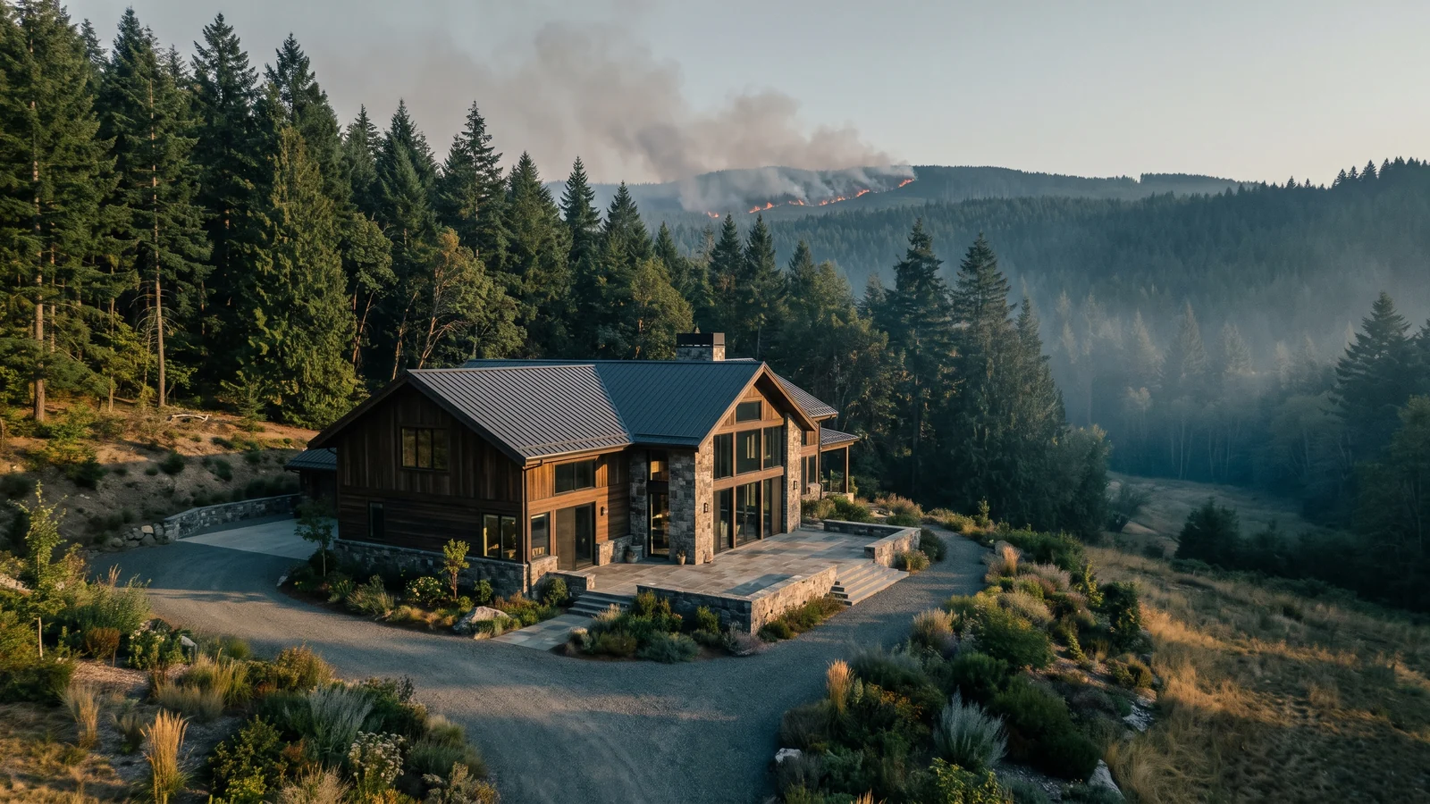 An intact forest-edge property beneath a distant wildfire smoke line